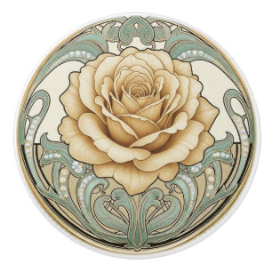 Ros Blomma Grön Kräm Guld Art Deco Nouveau Knopp
