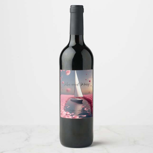 Ros blomma segelbåt bröllopsdekal vinflaska etikett (Framsida)