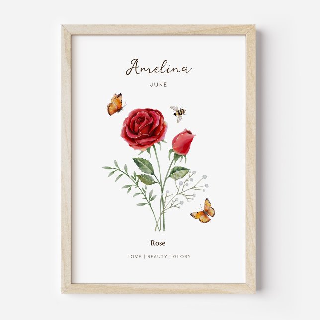 Ros Födelsemånad Blomster Affisch (Example of rose birth flower poster once framed. )