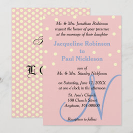 Ros- och blåmonogram bröllopspolka prickar inbjudningar