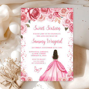 Ros Pink Brunt Hår Prinsessa Sweet Sixteen Inbjudningar
