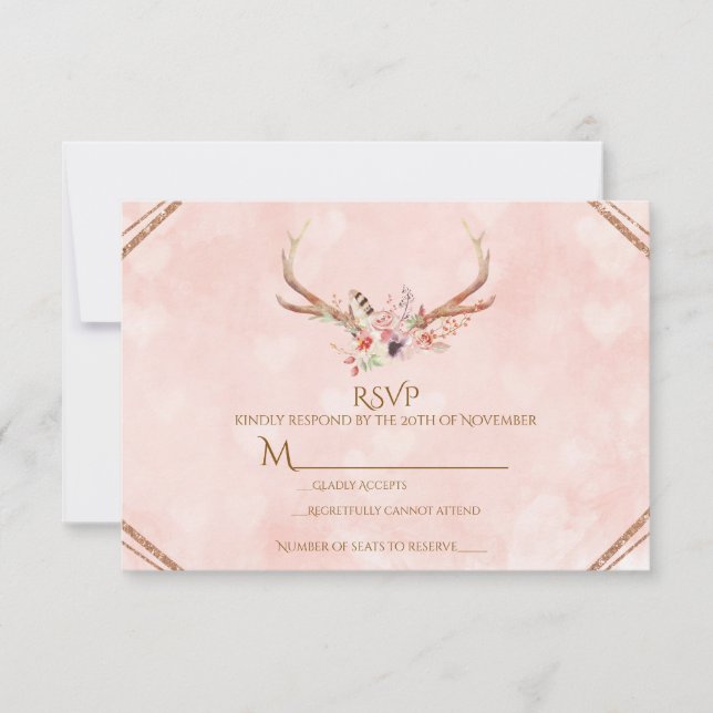 Ros Rodnad Rosa Blommig Hjort Horn Boho RSVP OSA Kort (Framsida)