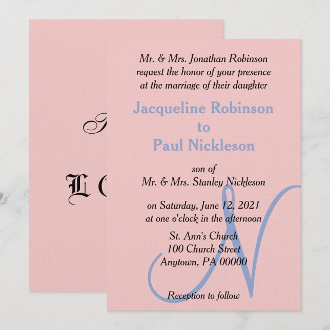 Ros Rosa Blå Pastell Monogram Inbjudningar (Fram/baksida)