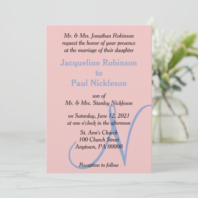 Ros Rosa Blå Pastell Monogram Inbjudningar (Stående Fram)