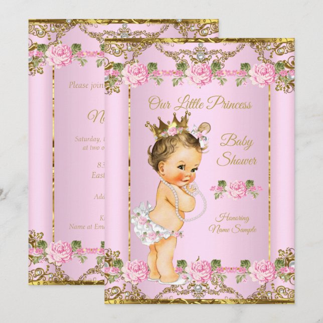 Ros Rosa Guld Vit Prinsessa Bebis Badrum Brunett Inbjudningar (Fram/baksida)