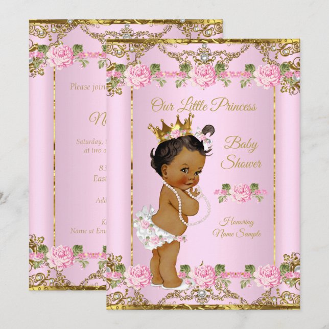 Ros Rosa Guld Vit Prinsessa Bebisdopp Etnisk Inbjudningar (Fram/baksida)