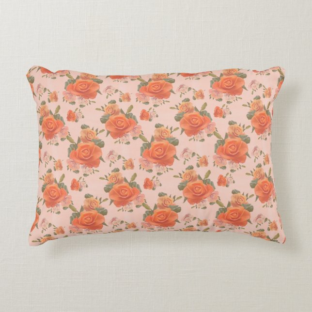 ros rosa orange blommönster bröllop vår prydnadskudde (Framsidan)