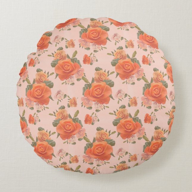 ros rosa orange blommönster bröllop vår rund kudde (Framsidan)