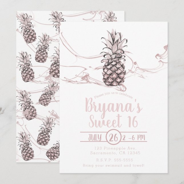 Ros Rosa Saftig Ananas Sommar Sweet 16 Fest Inbjudningar (Fram/baksida)
