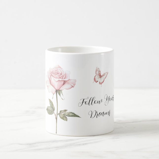 Ros Rosa Vit Fjäril Drömmar Kaffemugg (Center)