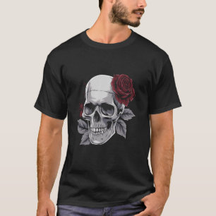 Ros skelett skalle hand med röd blomma design t shirt