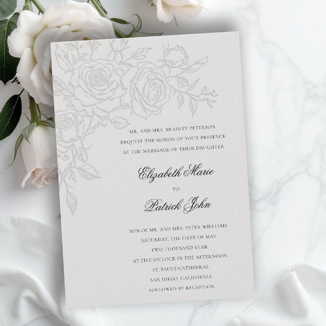 Ros tema älskad elfenben formell klassisk bröllop inbjudningar (formal traditional wedding invitation roses theme floral modern classic luxury pure ivory)