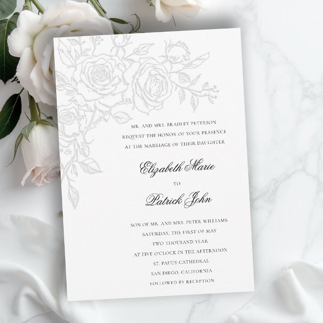 Ros tema Älskad Vit Formell Klassisk Bröllop Inbjudningar (formal traditional wedding invitation roses theme floral modern classic luxury pure white)