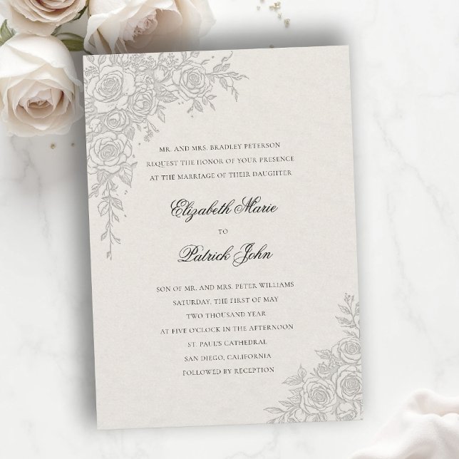Ros tema graciös ecru formell klassisk bröllop inbjudningar (formal traditional wedding invitation roses theme floral frame modern classic luxury pure ecru)
