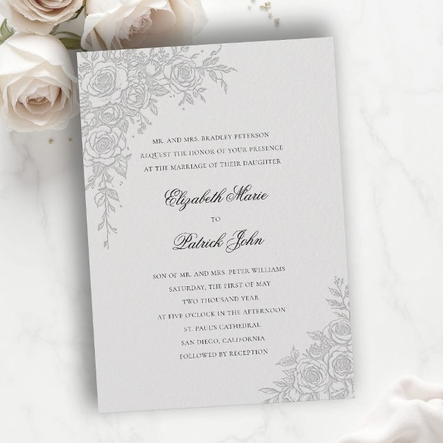 Ros tema graciös elfenben formell klassisk bröllop inbjudningar (formal traditional wedding invitation roses theme floral frame modern classic luxury pure ivory)