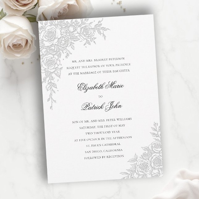 Ros tema graciös vit formell klassisk bröllop inbjudningar (formal traditional wedding invitation roses theme floral frame modern classic luxury pure white)