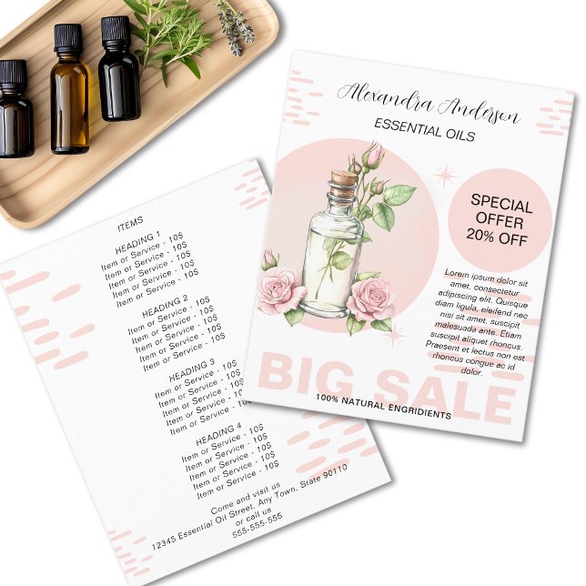 Ros Väsentliga Oljor Akvarell Blomma Flaska Promo Flygblad (Rose Essential Oils Watercolor Floral Bottle Promo Flyer)
