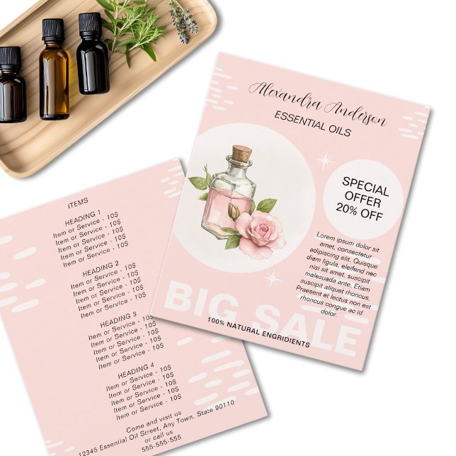 Ros Viktiga Oljor Akvarell Blommig Kampanj Flygblad (Rose Essential Oils Watercolor Floral Promo Flyer )