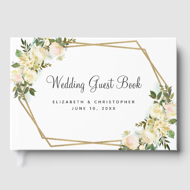 Ros Vit Guld Ram Vattenfärg Chic Gästböcker (Framsida)
