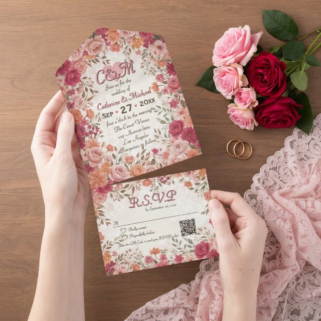 Rosa & (Flat lay pink red floral vintage spring garden romantic wedding invitation suite with RSVP)