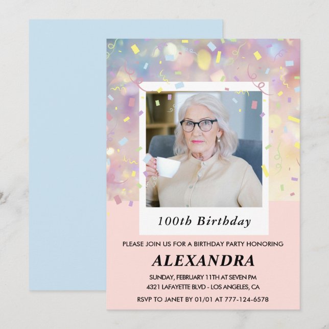 Rosa 100-års födelsedagsinbjudningar Konfetti Foto Inbjudningar (Fram/baksida)