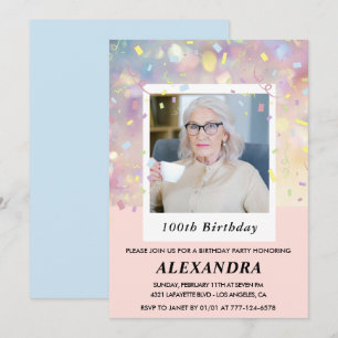 Rosa 100-årsfödelsedagsinbjudningar Konfetti Foto Inbjudningar