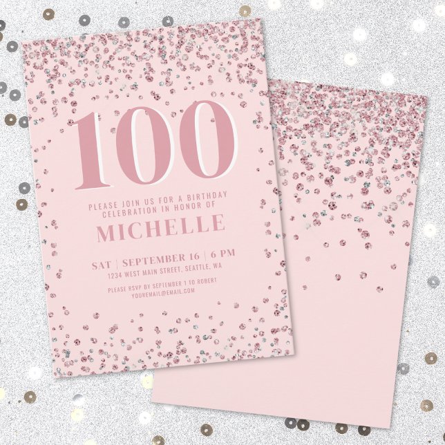  Rosa 100:e födelsedagen Inbjudningar (Blush Pink 100th Birthday Invitation)