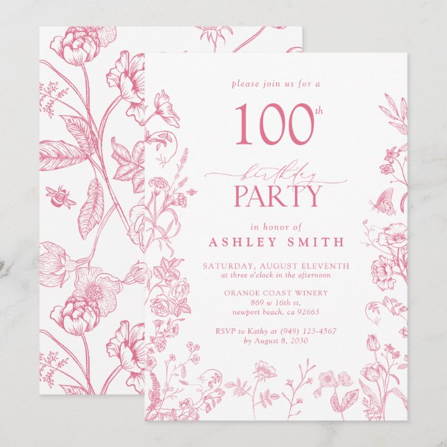 Rosa 100:e Födelsedagsfesten Viktoriansk Blommigt Inbjudningar (Fram/baksida)