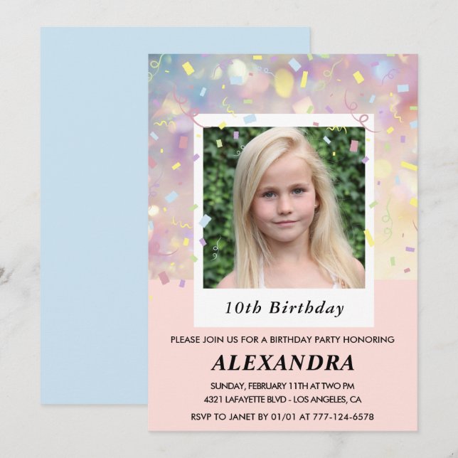 Rosa 10-års födelsedagsinbjudningar Konfetti Foto Inbjudningar (Fram/baksida)