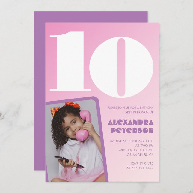 Rosa 10-årsinbjudningar Lila Retro Photo Inbjudningar (Fram/baksida)