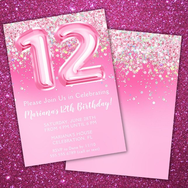 Rosa 12-års inbjudan Flicka Rosa glitter (Skapare uppladdad)