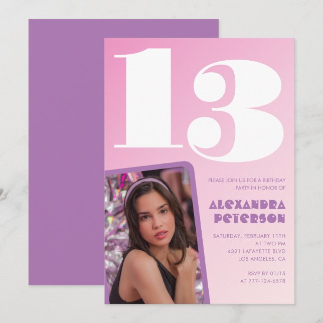 Rosa 13-årsinbjudningar Flickr Retro Photo Inbjudningar (Fram/baksida)
