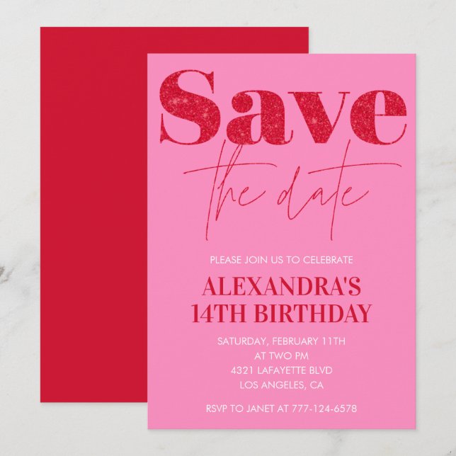 Rosa 14-års inbjudan Spara datum Chic (Fram/baksida)