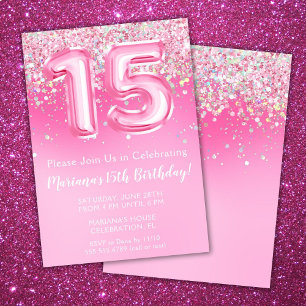 Rosa 15:e födelsedagsinbjudan Girly Rosa Glitter Inbjudningar