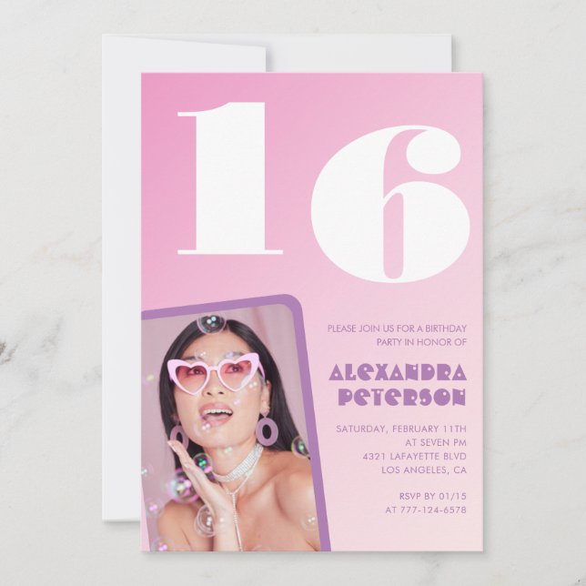Rosa 16-årsinbjudningar Retro Photo Inbjudningar (Framsida)