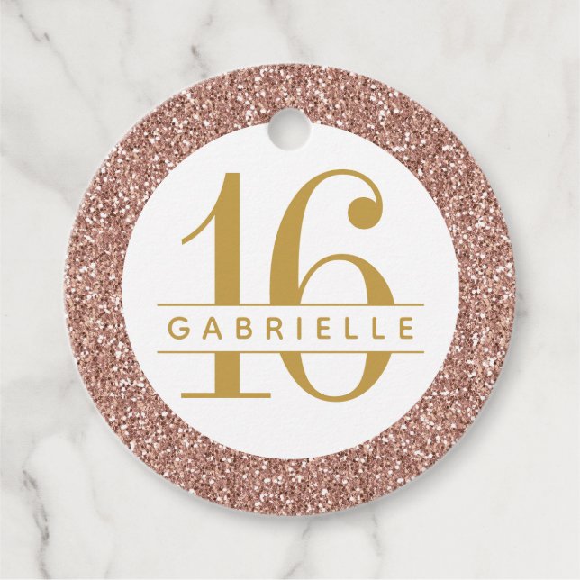 Rosa 16 vid ro Guld Glitter Namn  Gåvor Etiketter (Framsida)