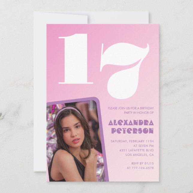 Rosa 17-årsinbjudningar Retro Photo Inbjudningar (Framsida)