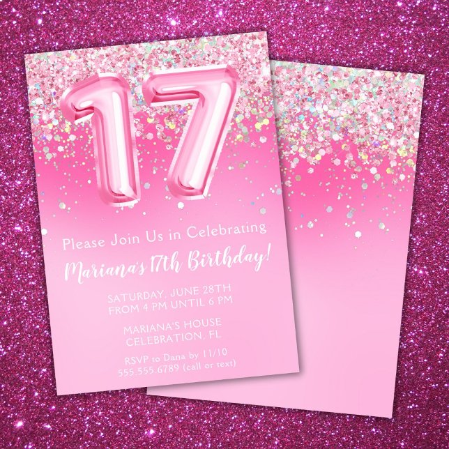 Rosa 17:e födelsedagsinbjudan Girly Rosa Glitter Inbjudningar (Skapare uppladdad)