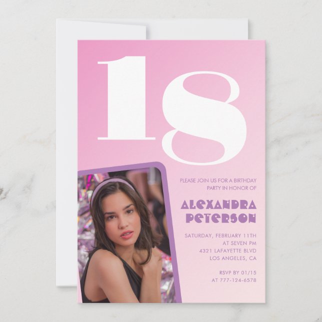Rosa 18-års inbjudningskort Retro foto (Framsida)