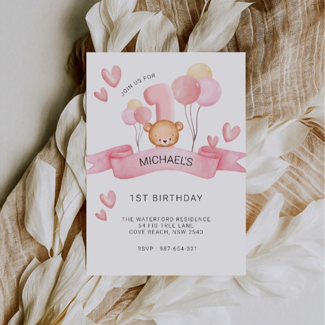Rosa 1:a födelsedag, Nalle Inbjudningar (Pink 1st Birthday, Teddy Bear Invitation)