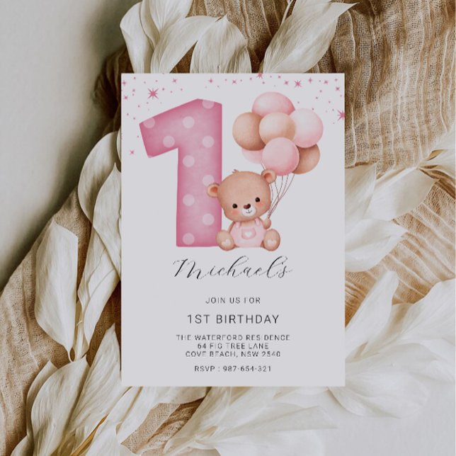 Rosa 1:a födelsedag, Nalle Inbjudningar (Pink 1st Birthday, Teddy Bear Invitation)