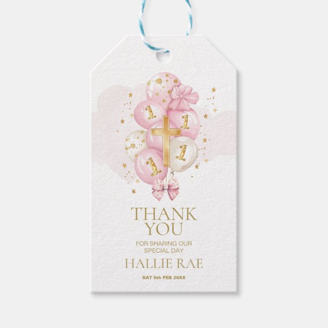 Rosa 1:a födelsedag och Tack för baptism Presentetikett (Framsidan)