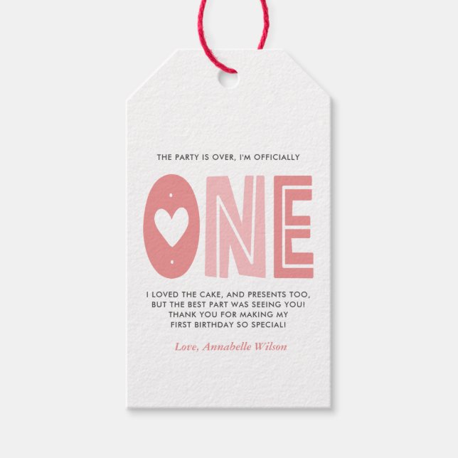  Rosa 1:a födelsedag Tack Presentetikett (Framsidan)