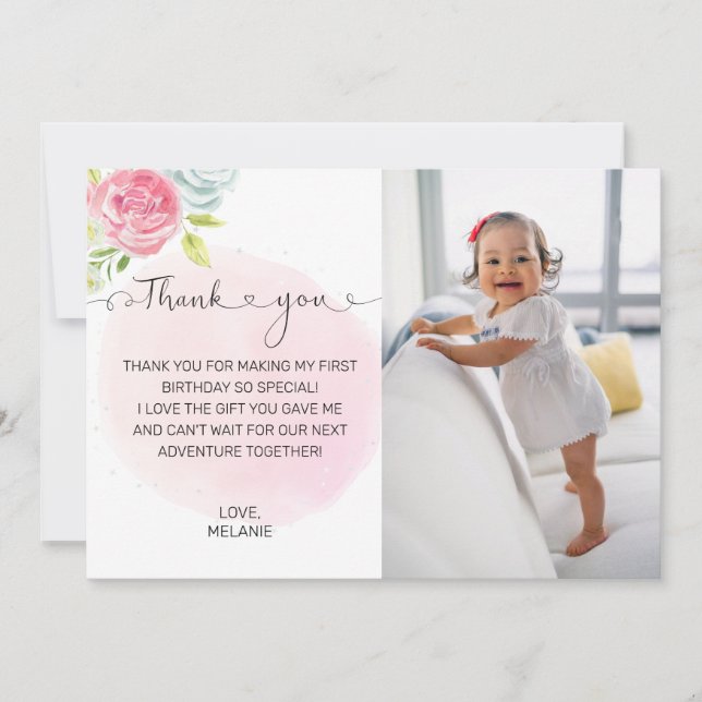 Rosa 1:a födelsedag - tackkort tack kort (Framsida)