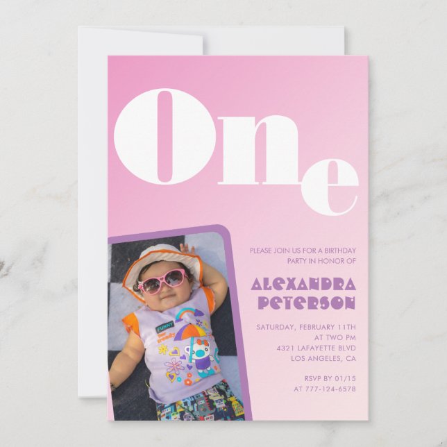 Rosa 1:a födelsedagsinbjudan till hennes Retro Pho Inbjudningar (Framsida)