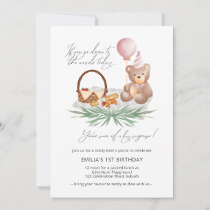 Rosa 1-års födelsedags Teddybjörn Picknick Inbjudningar