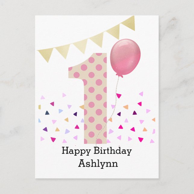 Rosa 1-års födelsedagsflicka vykort (Framsida)