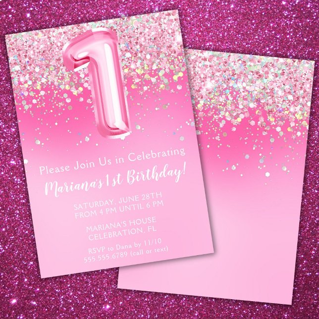 Rosa 1-års inbjudan Flicka Rosa glitter (Skapare uppladdad)