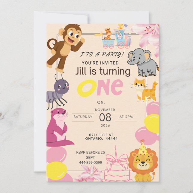 Rosa 1-årsdag inbjudningar (Framsida)