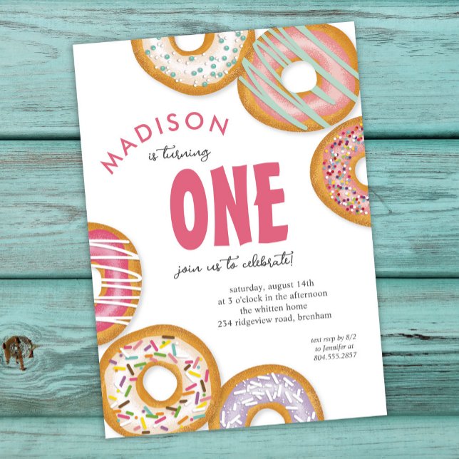 Rosa 1 Donut Första Födelsedagsfesten Inbjudningar (Skapare uppladdad)